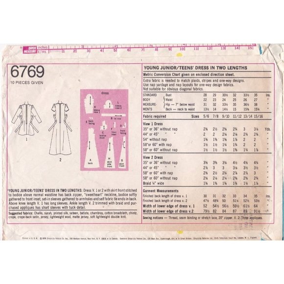 Vintage Sewing PATTERN Simplicity 6769, Young Junior Teens 1974 Dress, Size 5 6 - Picture 2 of 2
